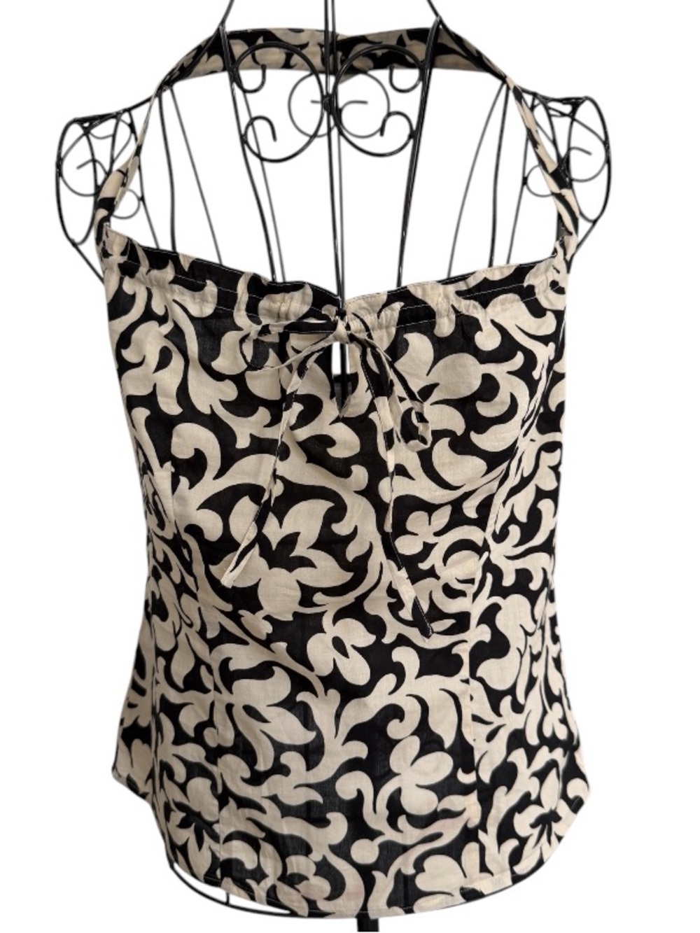 Ann Taylor Petites Halter Top 0P Black Cream Damask Baroque Print Tie Neck - Picture 6 of 13
